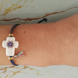 Boho evil eye ceramic cross with tassel bracelets Baby girl boy baptism martyrika Christening martirika Guests gifts souvenirs