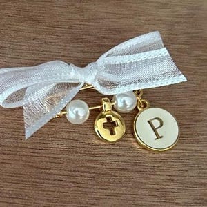 Initial & Modern cross safety pins with white bow Greek baptism Martyrika witness pins Martirika baby girl boy christening