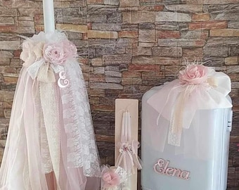 Rose gold name complete baptism set Candle Towel set ladopana Oil set Options keepsake Box Bag Luggage Orthodox girl handmade christening