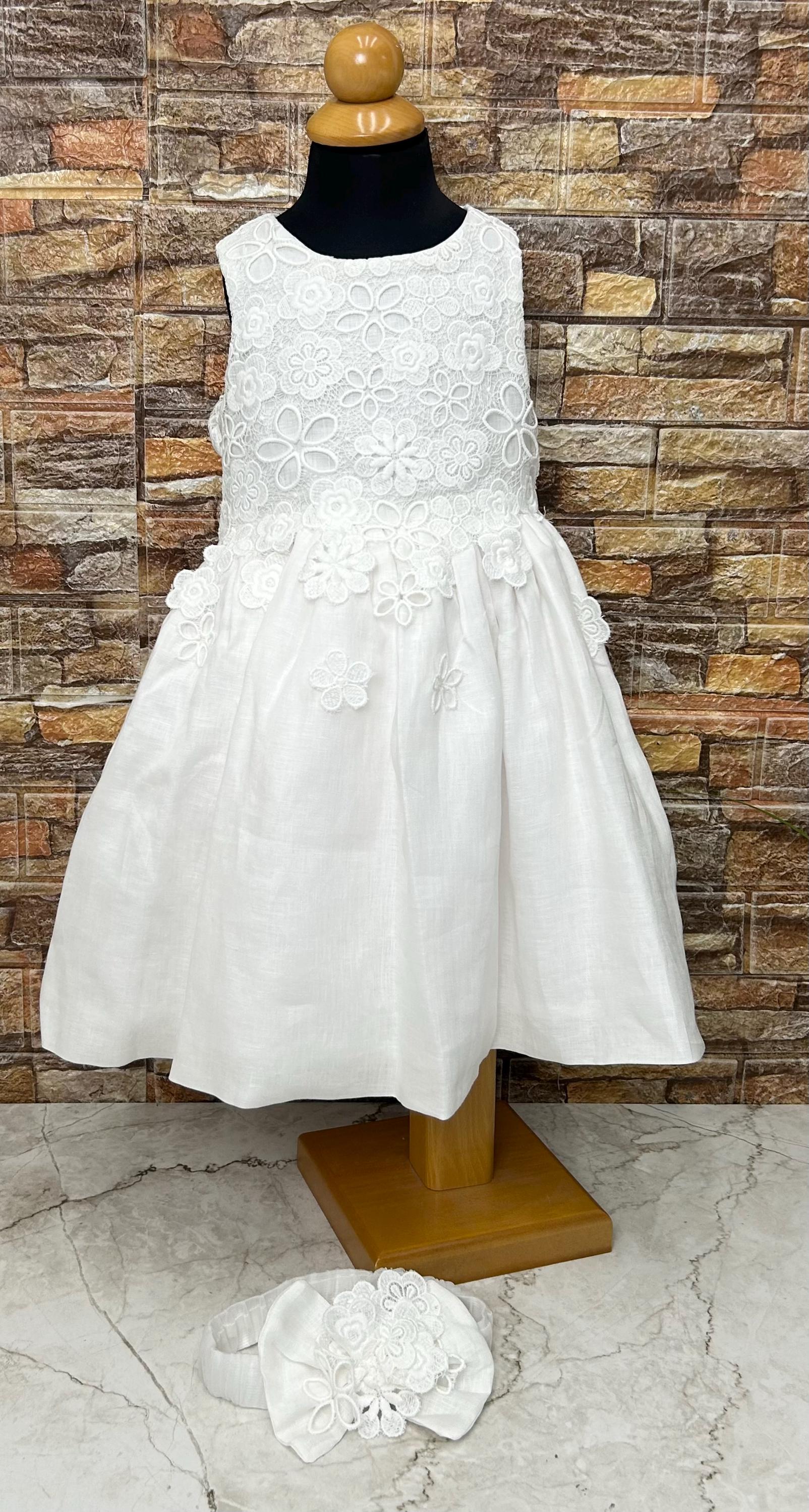 Floral off white linen dress Couture outfit Baby girl greek christening dress and headband Orthodox baptism Toddler formal wedding design