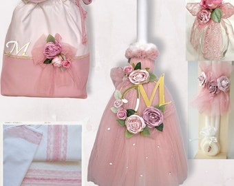 Personalized bench Greek baptism style baby girl christening Candle Towel set Keepsake box Oil set Handmade unique gifts Orthodox ceremony