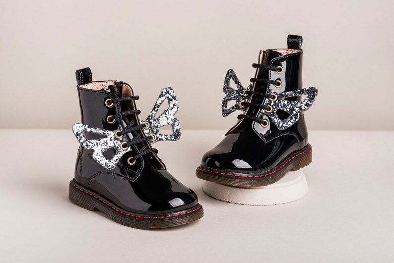 Butterfly boots Leather shoes patent Baby girl Winter wedding Formal baptism infant Greek christening Unique nouna gifts size US EU