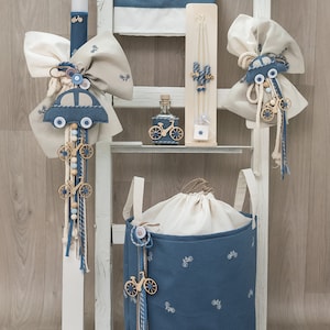 Autoset Griekse doopstijl Doop jongetje marineblauw Kaars Handdoekenset Aandenkentasje Olieset Handgemaakte unieke geschenken Orthodox ceremonieritueel