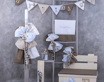 Caballito mecedor, set de bautismo griego personalizado para bautizo de bebé niño, juego de velas y toallas, banco de recuerdos, juego de aceites, regalos únicos hechos a mano.