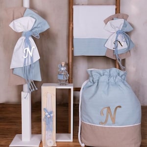 Personalized complete set Mint Beige Christening baby boy baptism set Candle Bag Towel set Oil set Orthodox ceremony Gift from godmother