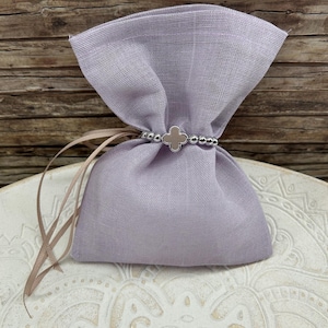Lavender Beige baptism favors cross Baby girl boy christening Guests souvenirs Purple pouch