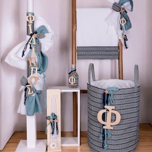 Star set personalized Orthodox greek baptism style Baby boy christening Candle Towel set Keepsake bag Oil set Handmade gifts Green Gray