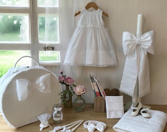 Bow style Elegant white complete baptism set Outfit Keepsake bag Candle Towel set Bottle Soap Baby girl handmade christening