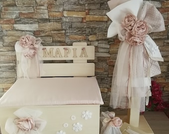 Personalised bench baptism set Baby girl Candle Box bench Towel set Oil set Orthodox church ceremony Gift from godmother
