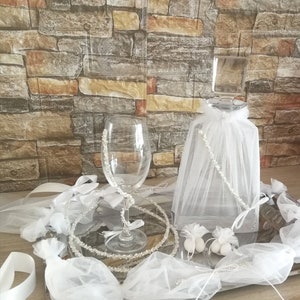 Swarovski and pearls wine Wedding SET Crowns Crystal decanter Tray Glass Greek stefana orthodox Handmade crowns Wedding bridal couple gifts