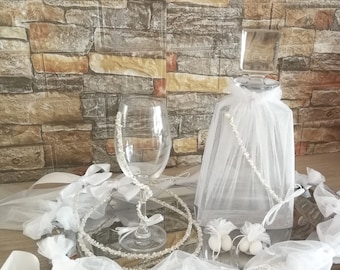 Swarovski and pearls wine Wedding SET Crowns Crystal decanter Tray Glass Greek stefana orthodox Handmade crowns Wedding bridal couple gifts