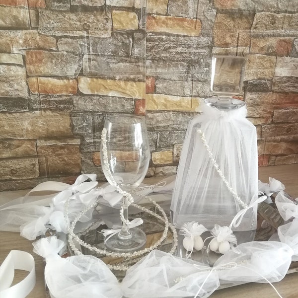 Swarovski and pearls wine Wedding SET Crowns Crystal decanter Tray Glass Greek stefana orthodox Handmade crowns Wedding bridal couple gifts