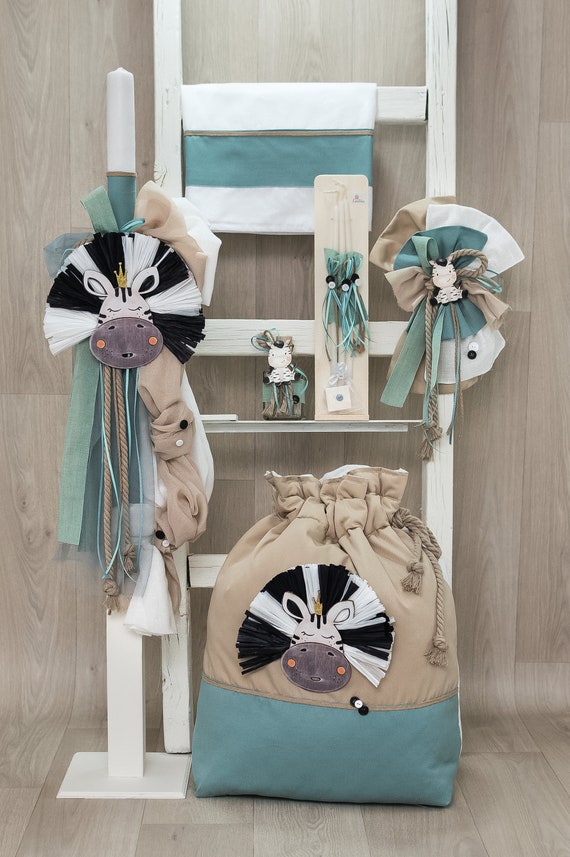 Zebra set Jungle theme Keepsake bag Candle Towel set Bottle Soap Orthodox  church ceremony Handmade greek baptism godson christening gifts