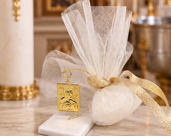 Mary & Jesus child Greek Baptism Favors – Marble Base Ornament Bomboniere Souvenirs with koufeta confetti