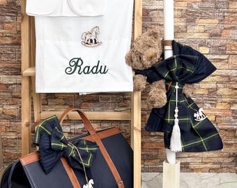 Personalized Bear complete baptism set Keepsake bag Candle Towel set Bottle Soap Orthodox christening Baby boy handmade