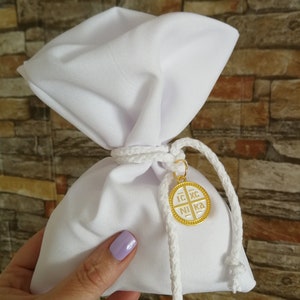 Croce bizantina Sacchetto bianco bomboniera bomboniera greca battesimo koufeta bambino battesimo bambina regali per ospiti