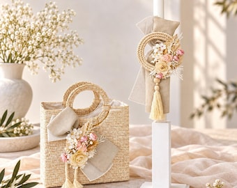 Rustic elegant Flowers and butterflies complete baptism set Bag Candle Towel set Bottle Traditional ceremony Baby girl handmade christening