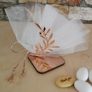 Rose gold olive branch favors ornament Baptism Wedding bomboniere Greek favors with koufeta Guests gifts Elegant style