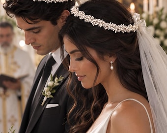 Pearly buds elegant wedding crowns Greek stefana orthodox couple tiara Stephana handmade Barn ceremony Bridal hair accessories