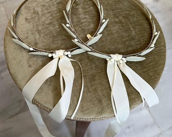 Olive leaves wedding crowns Greek stefana orthodox couple tiara Stephana handmade Barn ceremony Bridal hair accessories