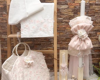 Joy pink flowers Baby girl  baptism set Candle Bag Towel set Oil set Orthodox church ceremony Gift from godmother Goddaughter christening