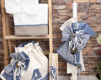 Safari greek baptism style Baby boy christening Candle Towel set Keepsake bag Oil set Handmade unique gifts Orthodox ceremony
