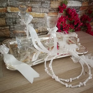 Romantic wine Wedding SET Crowns Crystal decanter Tray Glass Koufeta Greek stefana orthodox Handmade crowns stephana wedding Bridal gifts