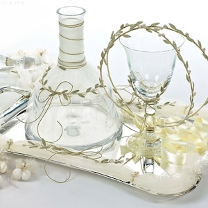 Vino d'oliva Set da sposa Corone Decanter di cristallo Vassoio di vetro Koufeta Greco stefana ortodosso Corone fatte a mano Greco stefana matrimonio Regali nuziali