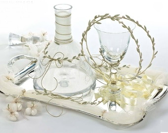 Olive wine Wedding SET Crowns Crystal decanter Tray Glass Koufeta Greek stefana orthodox Handmade crowns Greek stephana wedding Bridal gifts
