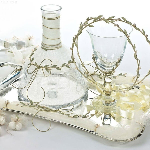 Olive wine Wedding SET Crowns Crystal decanter Tray Glass Koufeta Greek stefana orthodox Handmade crowns Greek stephana wedding Bridal gifts