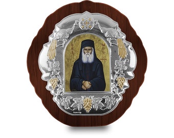 Saint Paisios Silver byzantine icon Wood frame Greek baptism gift Religious wedding present Handmade in Greece - certificate included