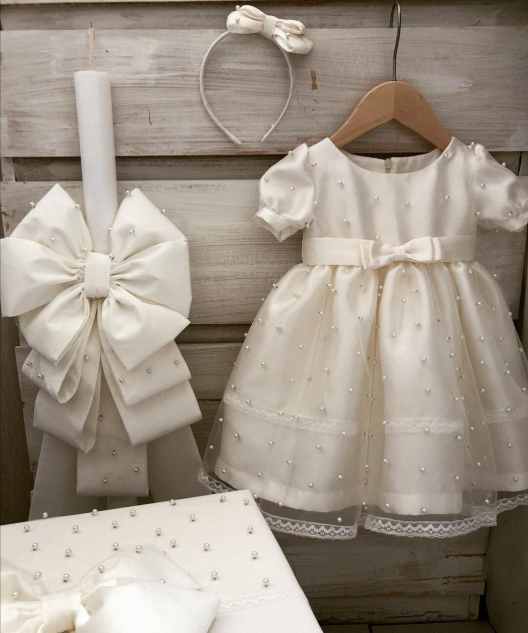 Pearls Ivory Complete Baptism Set Dress Keepsake Box Candle Towel Set