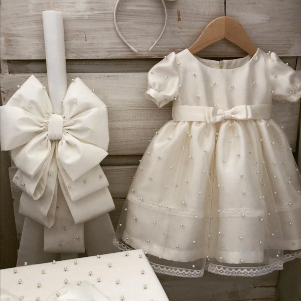 Perlen Elfenbein komplett Taufset Kleid Erinnerungsbox Kerze Handtuch Set Flasche Seife Traditionelle Zeremonie Baby Mädchen handgefertigt Taufgeschenk