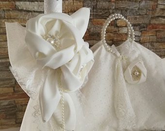 Off White Greek baptism set Floral Baby girl christening Candle Towel set Keepsake bag Oil set Handmade unique elegant Goddaughter gift