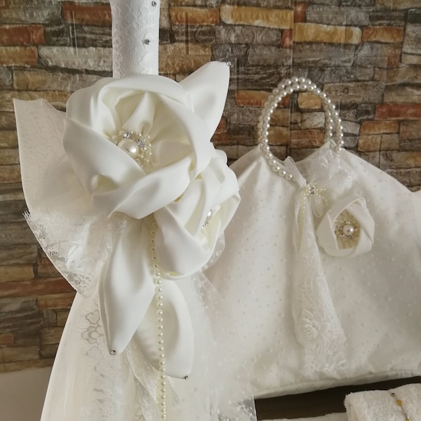 Off White Greek baptism set Floral Baby girl christening Candle Towel set Keepsake bag Oil set Handmade unique elegant Goddaughter gift