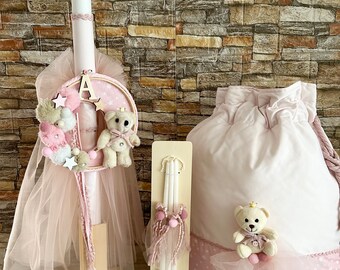 Baby bear on moon baby girl Cute baptism set Candle Bag Towel set Oil set Orthodox church ceremony Gift from godmother
