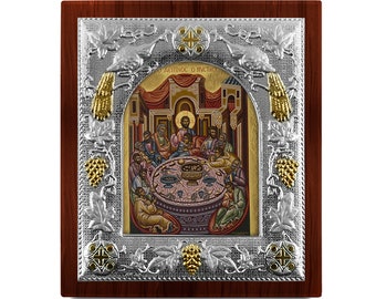 Last Supper Silver hagiography byzantine icon Wood frame Greek baptism gift Religious wedding present Handmade in Greece - certificated