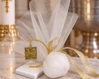 Byzantine cross Greek Baptism Favors – Marble Base Ornament Bomboniere Souvenirs with koufeta confetti