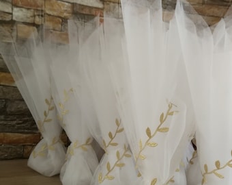 Tall tulle Olive favors Wedding bomboniere White bridal greek souvenirs with koufeta Confetti guests gifts Unique grecian style giveaway