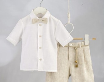 All time classic linen outfit Shorts baby boy Orthodox greek baptism suit Beige White Toddler formal wedding Party set christening
