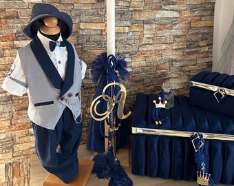 Royal Prince velvet padded stool box  Greek baptism set Baby boy christening Outfit Candle 2 Boxes Towel set Oil set Godson gifts Navy