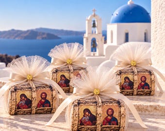 Customisable Double Saints Icons Twins giveaway Greek baptism favors Guests gift Religious souvenirs Girl Boy christening