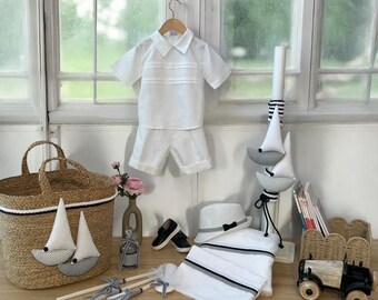 Boat complete baptism set Linen Outfit Keepsake wicker basket Candle Towel set Bottle Soap Orthodox christening Baby boy handmade