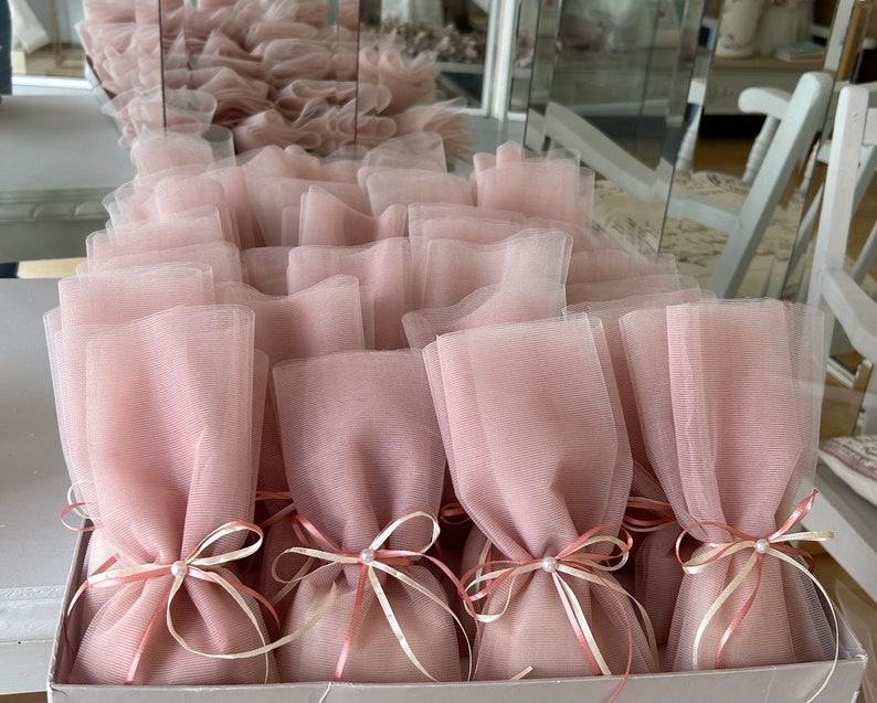 Mocca Ivory pearl favors Wedding Baptism bomboniere Guests gifts souvenirs Bridal giveaway Classic tulle pouches image 6