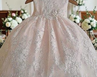 Romantic style Light pink lace dress Baby girl baptism Orthodox christening Flowergirl formal wedding outfit