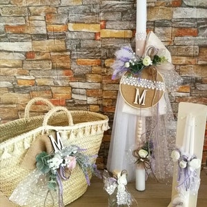 Conjunto de bautizo de mimbre estilo cabaña para niña lavanda, bolsa de velas, juego de toallas, juego de aceites, ceremonia de la iglesia ortodoxa, regalo de la madrina