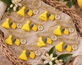 Lemons Theme Safety pins with Cross Charm, 24K Gold plated Martyrika Baptism Favor