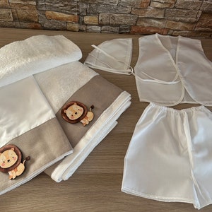 ライオン ラドパナ ボーイ ホワイト ベージュ ラトパナ セット ギリシャ洗礼タオルセット ユニークな赤ちゃん洗礼 ギリシャの男の子洗礼 正教会洗礼セット クラシック