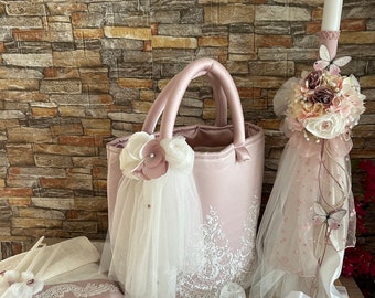 Dress romantic lace complete baptism Butterfly set Dress Bag Candle Towel and Oil set  Traditional ceremony Baby girl handmade christening