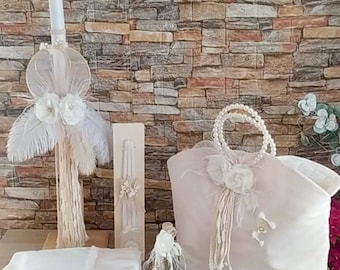 Feathers wreath candle set with pearls Orthodox greek baptism style Baby girl christening Candle Towel set Keepsake bag Oil set Unique gifts